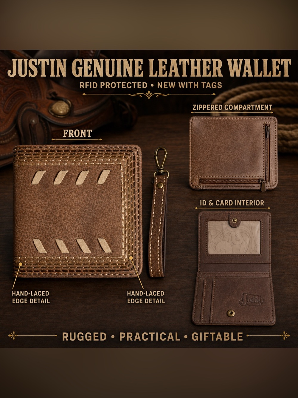 Justin Boots Brown Genuine Leather Wallet with Wrist Strap